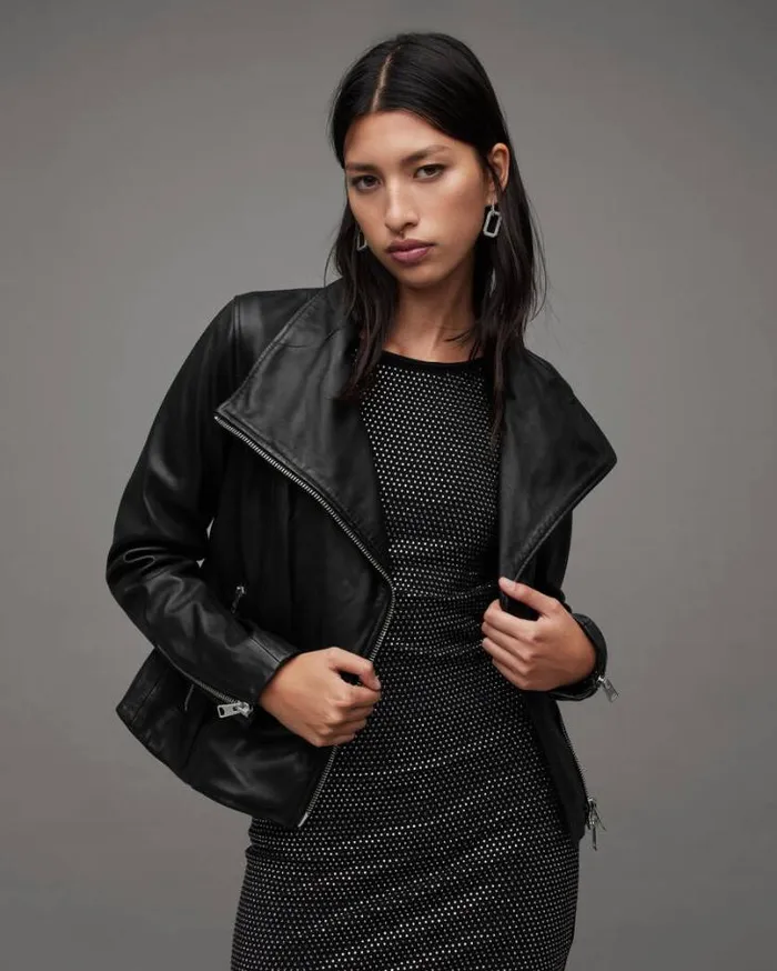 Ellis Funnel Neck Leather Biker Jacket Black Women AllSaints Leather Jackets