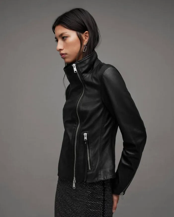 Ellis Funnel Neck Leather Biker Jacket Black Women AllSaints Leather Jackets Ellis Funnel Neck Leather Biker Jacket Black Women AllSaints Leather Jackets