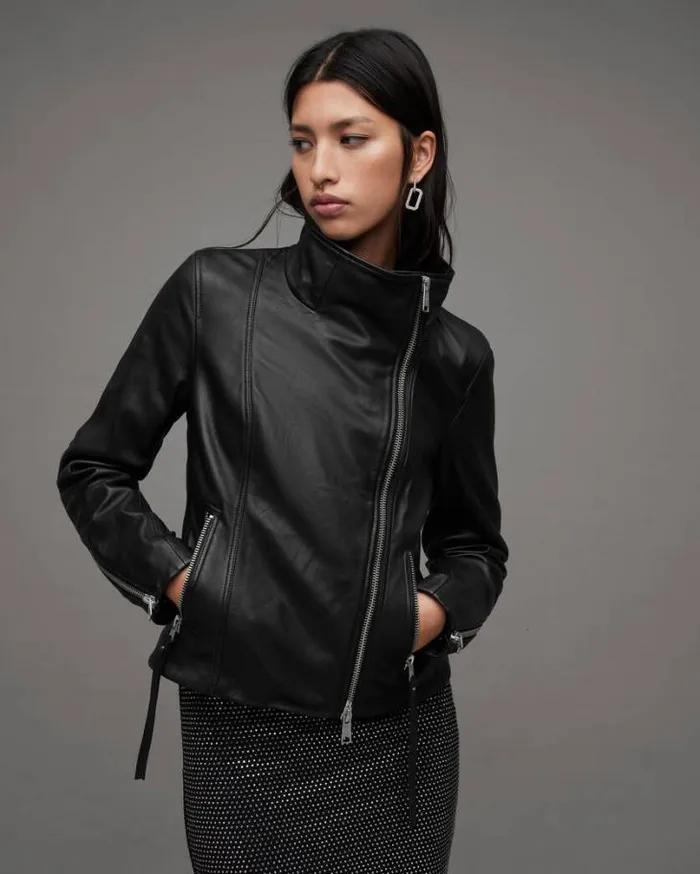 Ellis Funnel Neck Leather Biker Jacket Black Women AllSaints Leather Jackets Ellis Funnel Neck Leather Biker Jacket Black Women AllSaints Leather Jackets