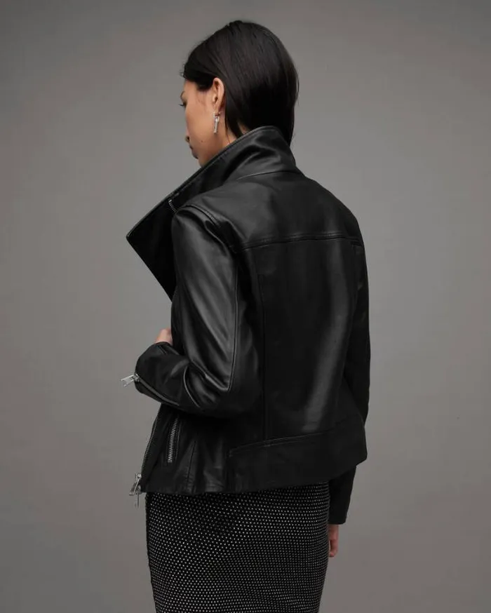 Ellis Funnel Neck Leather Biker Jacket Black Women AllSaints Leather Jackets Ellis Funnel Neck Leather Biker Jacket Black Women AllSaints Leather Jackets