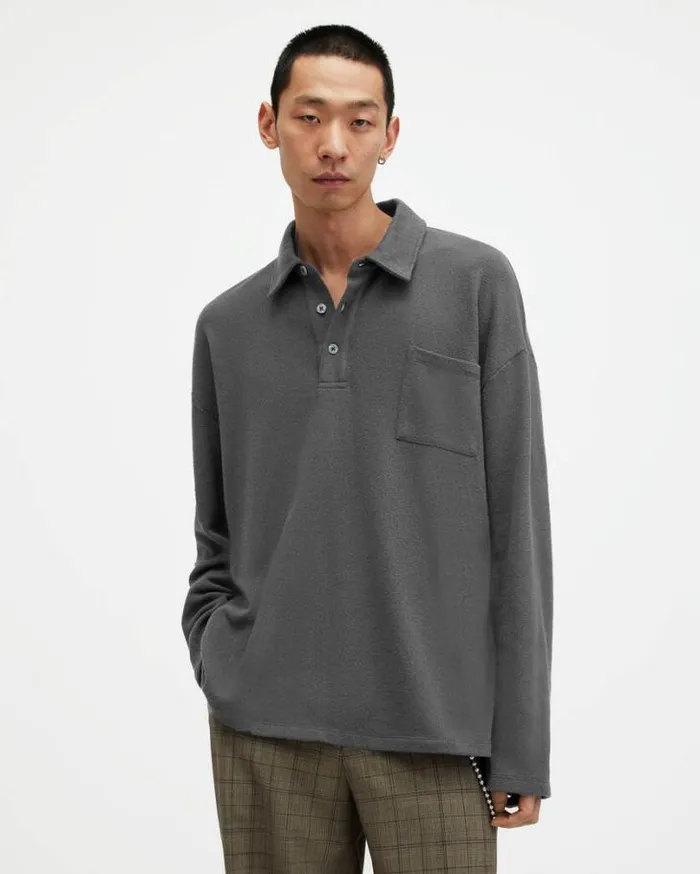 Eris Long Sleeve Oversized Polo Shirt Washed Black Men AllSaints Polos