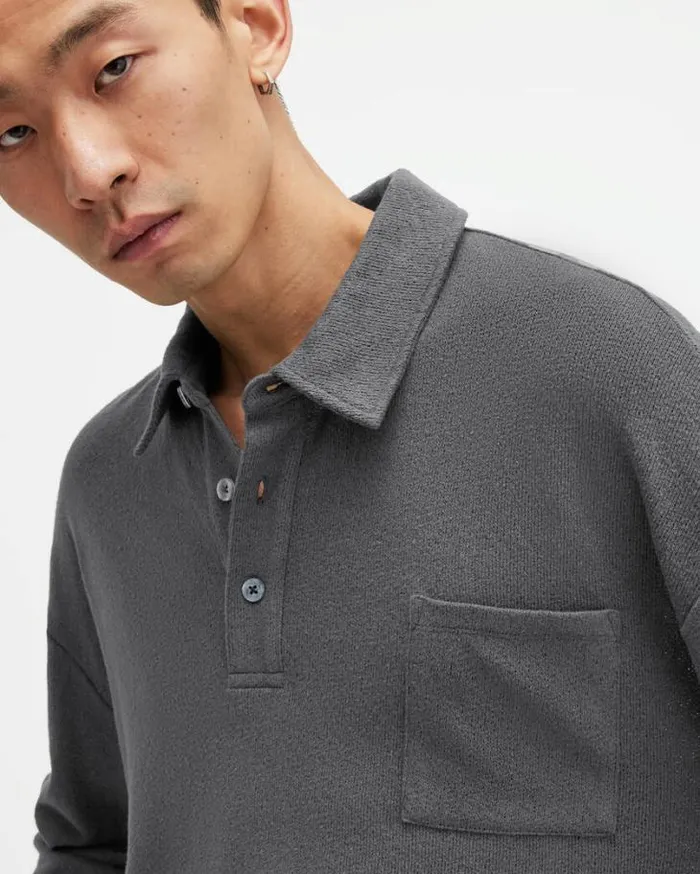 Eris Long Sleeve Oversized Polo Shirt Washed Black Men AllSaints Polos