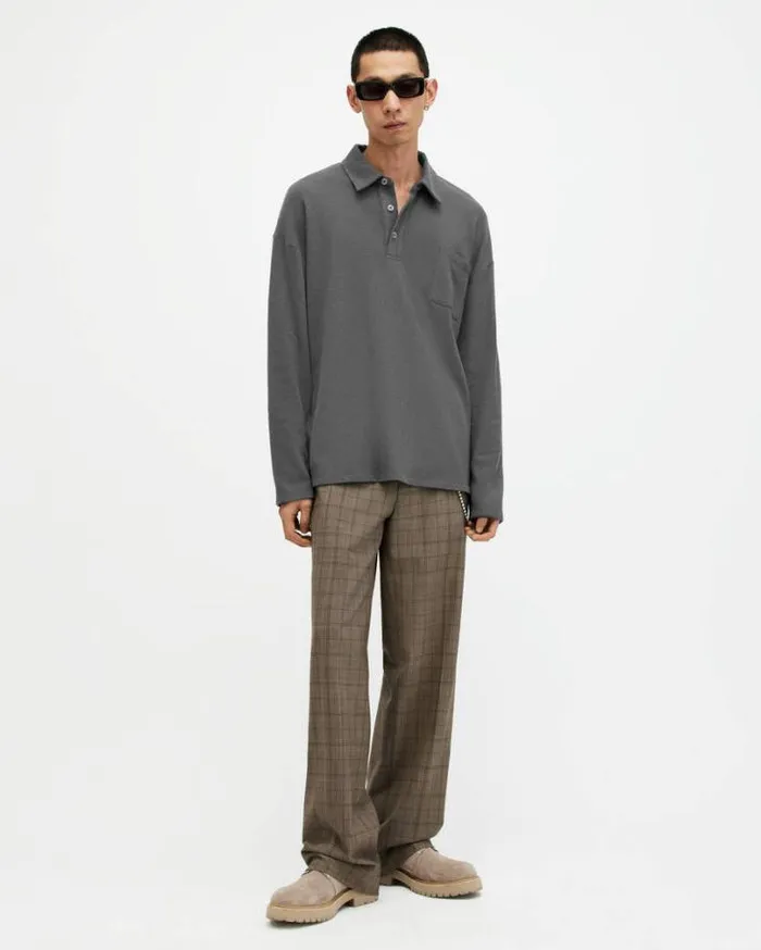 Eris Long Sleeve Oversized Polo Shirt Washed Black Men AllSaints Polos