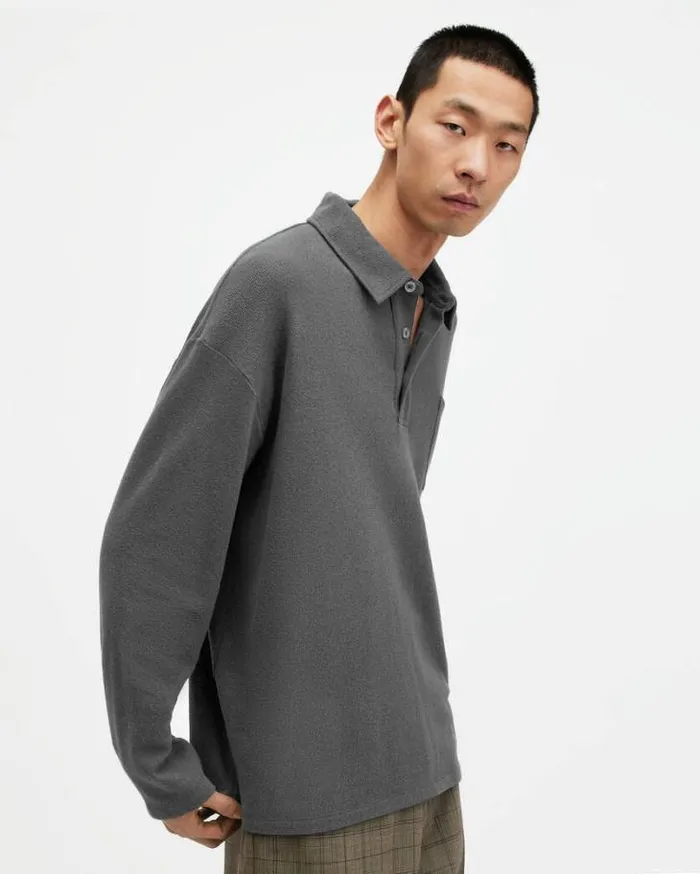 Eris Long Sleeve Oversized Polo Shirt Washed Black Men AllSaints Polos