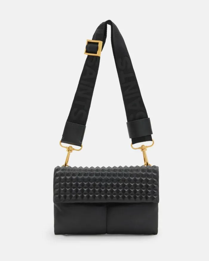 Ezra Studded Leather Crossbody Bag Black Women AllSaints Handbags and Wallets