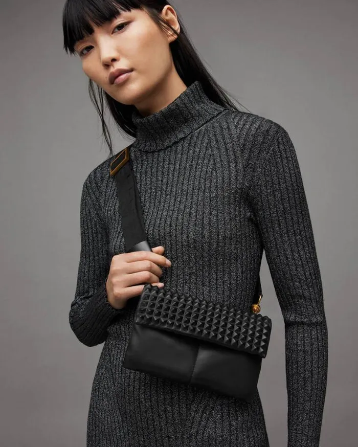 Ezra Studded Leather Crossbody Bag Black Women AllSaints Handbags and Wallets