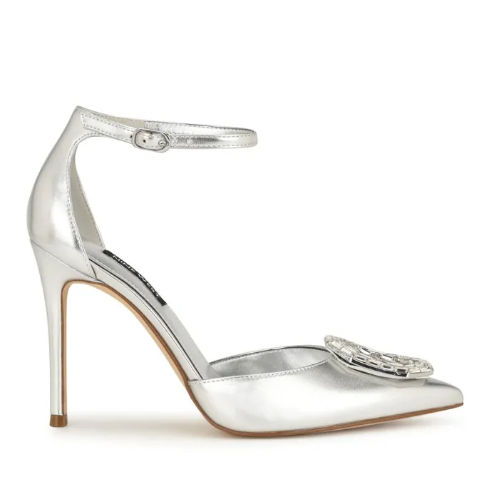 Felishe Pointy Toe Ankle Strap Pumps Silver Women Nine West Pumps