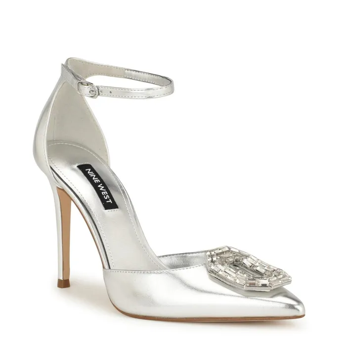 Felishe Pointy Toe Ankle Strap Pumps Silver Women Nine West Pumps Felishe Pointy Toe Ankle Strap Pumps Silver Women Nine West Pumps