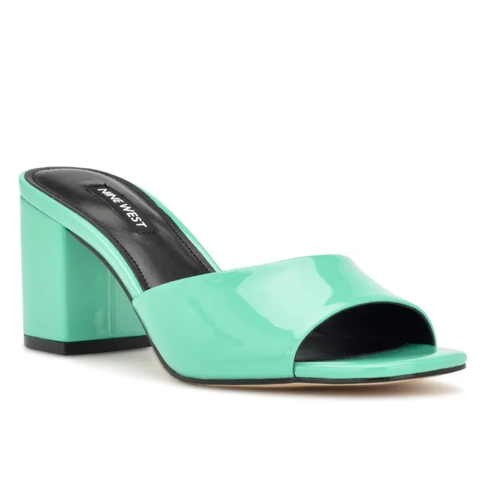 Ferris Block Heel Sandals Neon Mint Green Patent Women Nine West Low Heel Ferris Block Heel Sandals Neon Mint Green Patent Women Nine West Low Heel