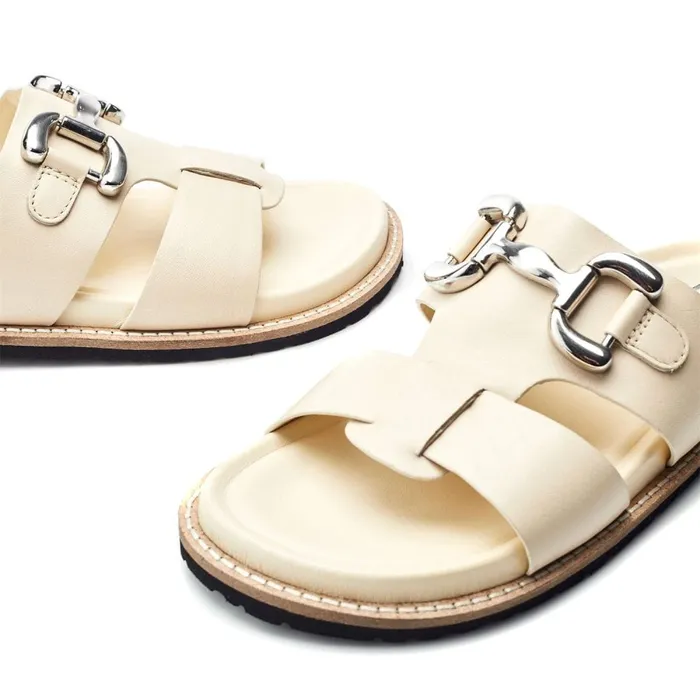 Flat Sandals Women Moda In Pelle Olette Off White Leather