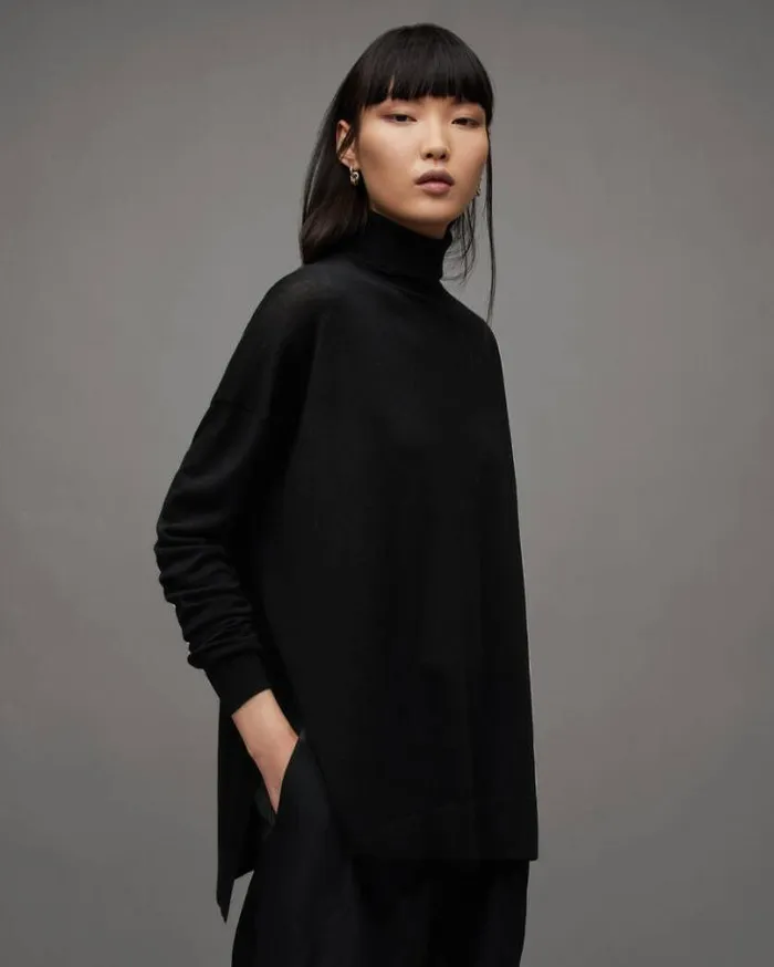 Gala Roll Neck Relaxed Merino Sweater Black Women AllSaints Sweaters