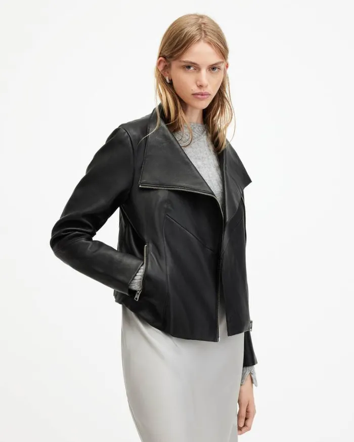 Gray Funnel Neck Draped Leather Jacket Black Women AllSaints Leather Jackets