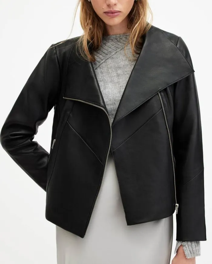 Gray Funnel Neck Draped Leather Jacket Black Women AllSaints Leather Jackets Gray Funnel Neck Draped Leather Jacket Black Women AllSaints Leather Jackets