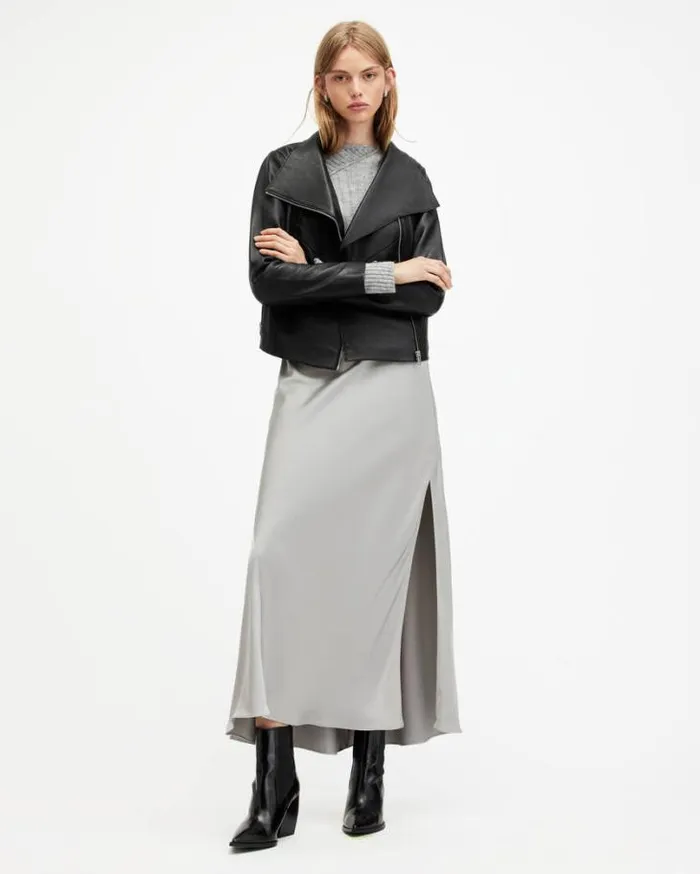 Gray Funnel Neck Draped Leather Jacket Black Women AllSaints Leather Jackets Gray Funnel Neck Draped Leather Jacket Black Women AllSaints Leather Jackets