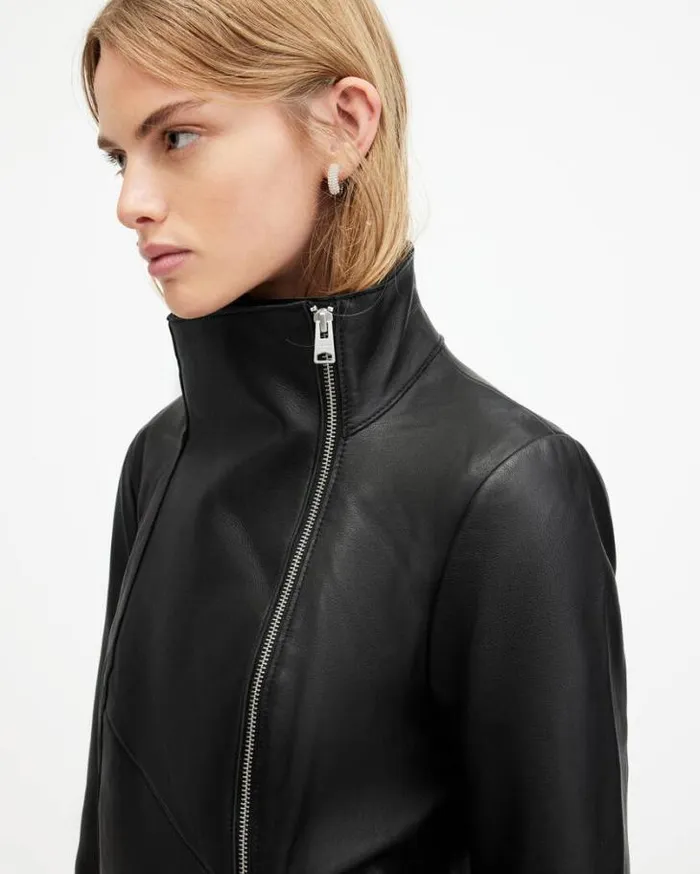 Gray Funnel Neck Draped Leather Jacket Black Women AllSaints Leather Jackets Gray Funnel Neck Draped Leather Jacket Black Women AllSaints Leather Jackets