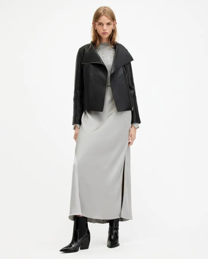 Gray Funnel Neck Draped Leather Jacket Black Women AllSaints Leather Jackets Gray Funnel Neck Draped Leather Jacket Black Women AllSaints Leather Jackets