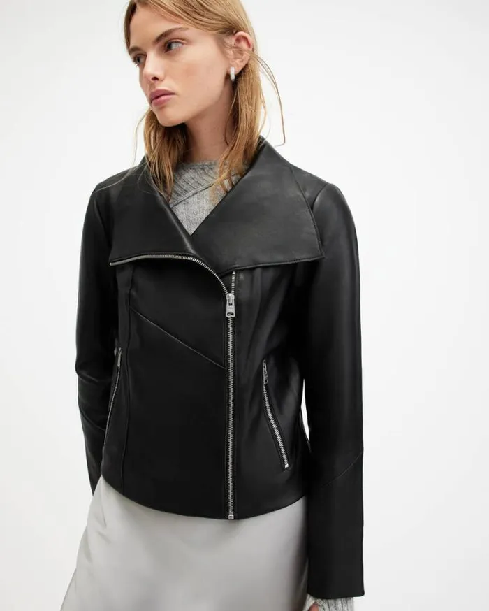 Gray Funnel Neck Draped Leather Jacket Black Women AllSaints Leather Jackets Gray Funnel Neck Draped Leather Jacket Black Women AllSaints Leather Jackets