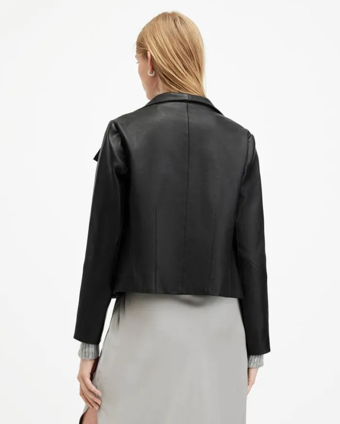 Gray Funnel Neck Draped Leather Jacket Black Women AllSaints Leather Jackets Gray Funnel Neck Draped Leather Jacket Black Women AllSaints Leather Jackets