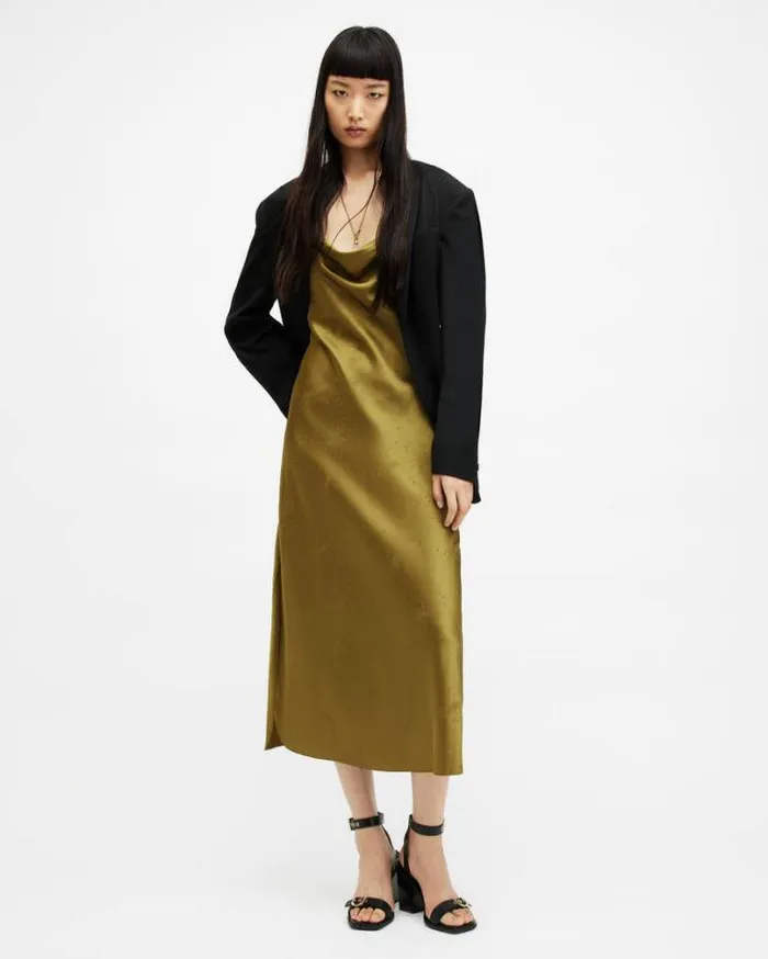 Hadley Jacquard Slim Fit Midi Slip Dress Sap Green Women AllSaints Dresses
