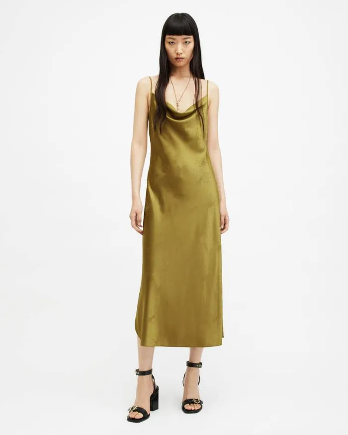 Hadley Jacquard Slim Fit Midi Slip Dress Sap Green Women AllSaints Dresses
