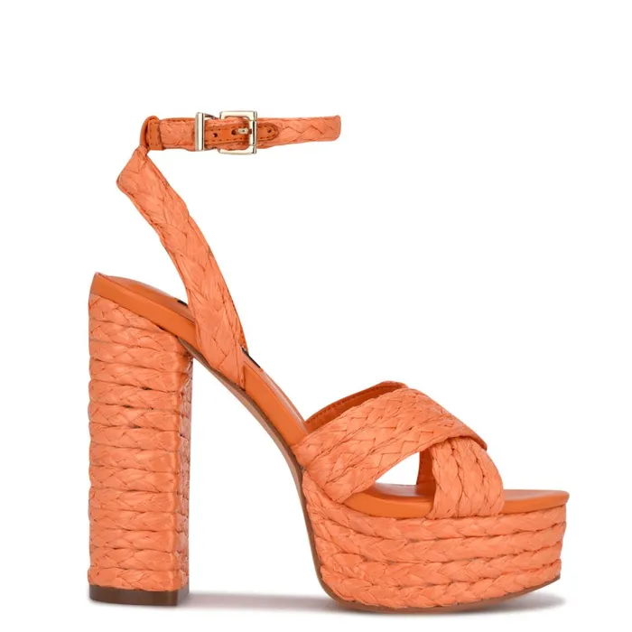 Hadyn Platform Sandals Vivid Orange Raffia Women Nine West High Heels