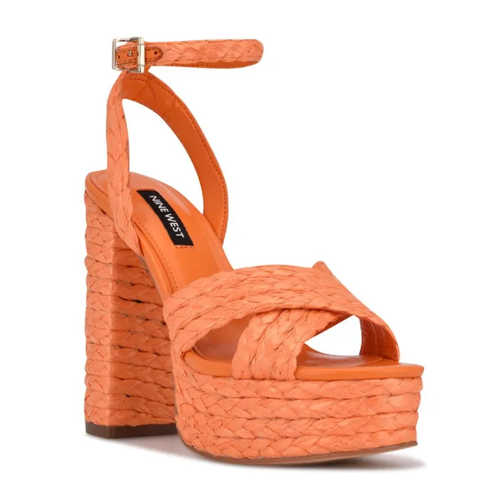Hadyn Platform Sandals Vivid Orange Raffia Women Nine West High Heels Hadyn Platform Sandals Vivid Orange Raffia Women Nine West High Heels