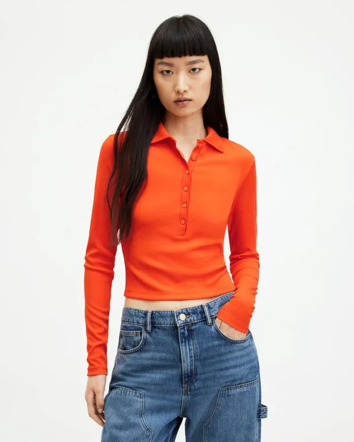 Hallie Long Sleeve Ribbed Polo Shirt Zesty Orange Women AllSaints TShirts