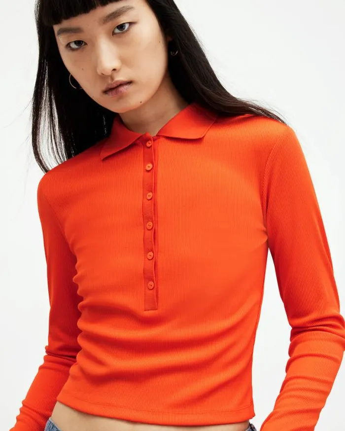Hallie Long Sleeve Ribbed Polo Shirt Zesty Orange Women AllSaints TShirts