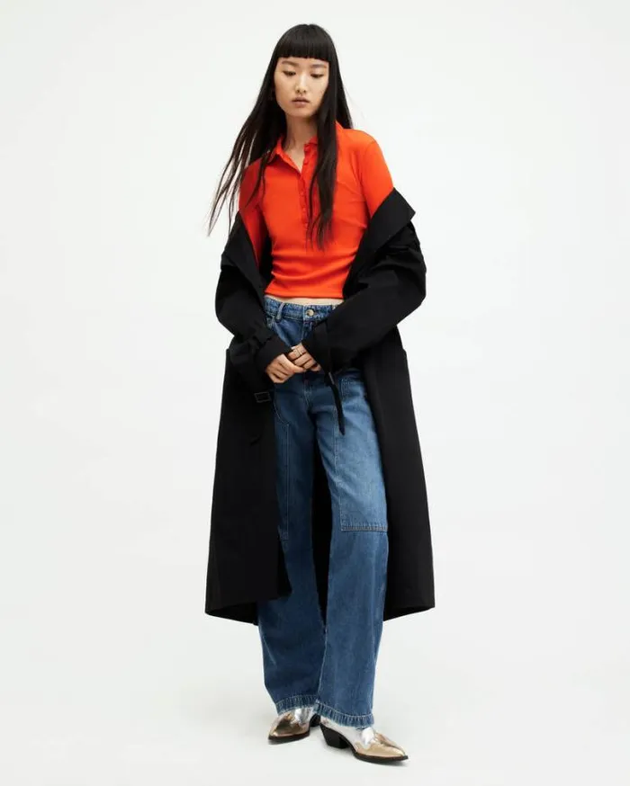 Hallie Long Sleeve Ribbed Polo Shirt Zesty Orange Women AllSaints TShirts