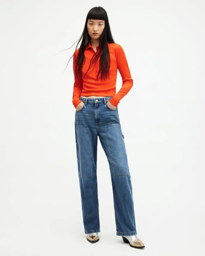 Hallie Long Sleeve Ribbed Polo Shirt Zesty Orange Women AllSaints TShirts