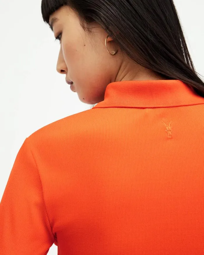 Hallie Long Sleeve Ribbed Polo Shirt Zesty Orange Women AllSaints TShirts