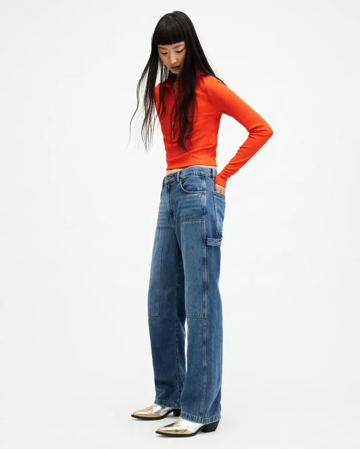 Hallie Long Sleeve Ribbed Polo Shirt Zesty Orange Women AllSaints TShirts