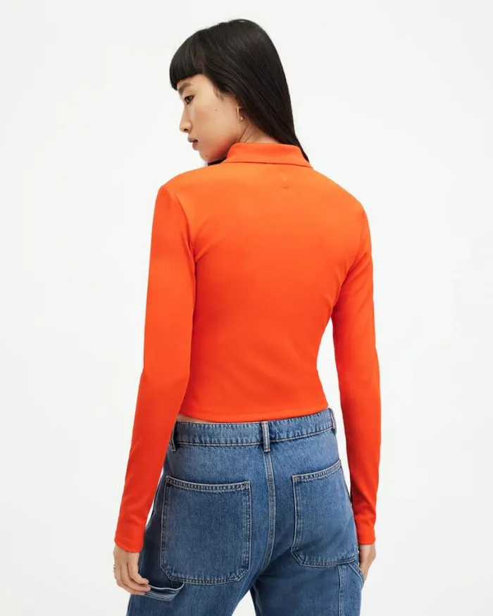 Hallie Long Sleeve Ribbed Polo Shirt Zesty Orange Women AllSaints TShirts