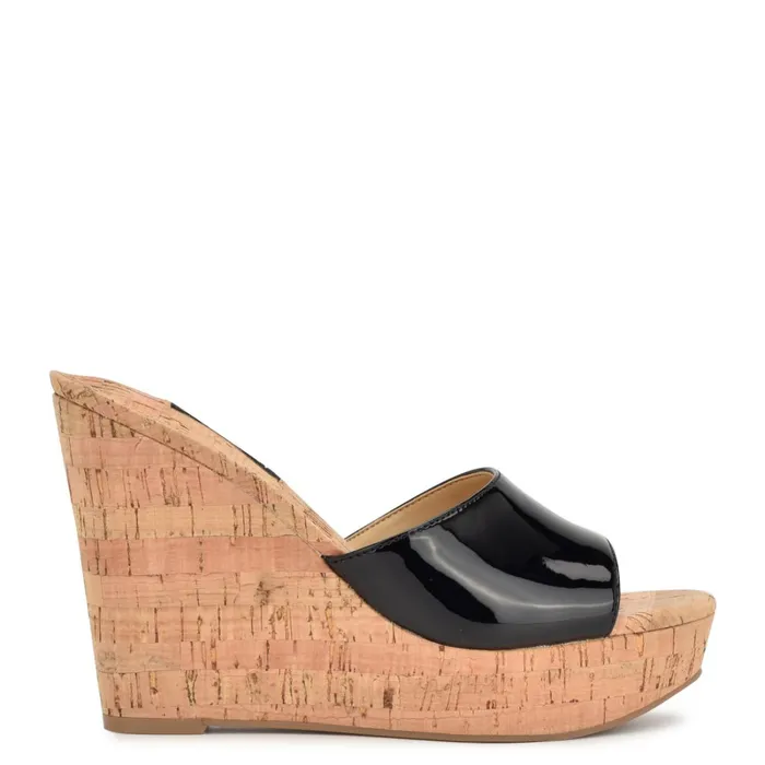 Herden Wedge Slide Sandals Black Women Nine West High Heels