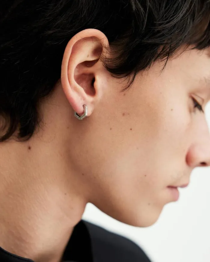 Hex Sterling Silver Bolt Hoop Earring Warm Silver Men AllSaints Accessories
