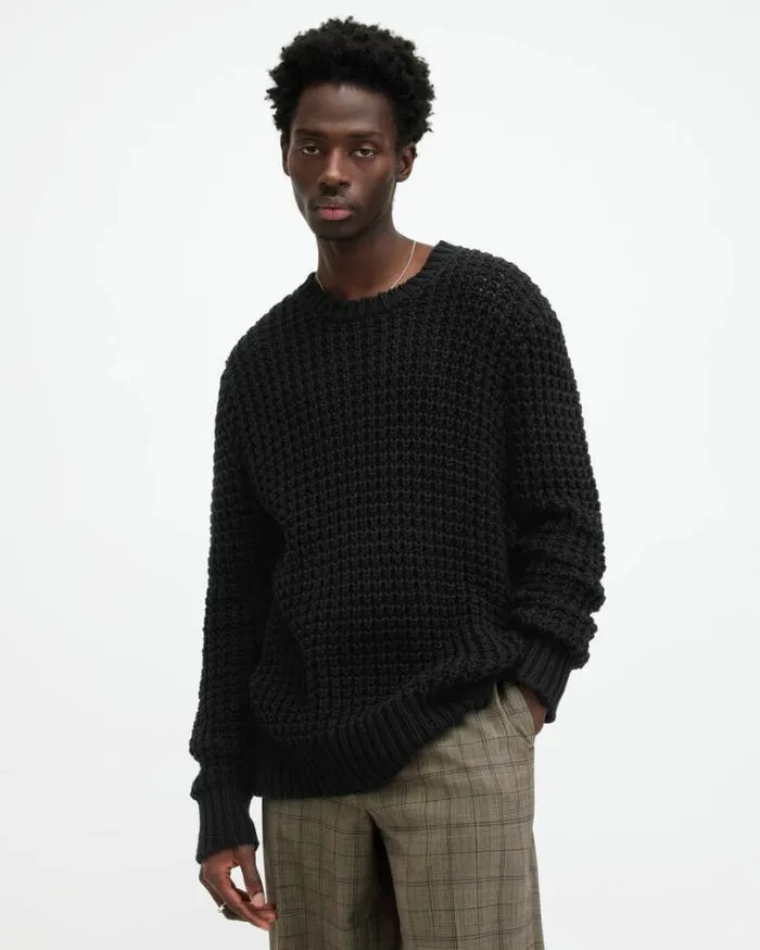 Illund Waffle Stitch Crew Neck Sweater Black Men AllSaints Sweaters