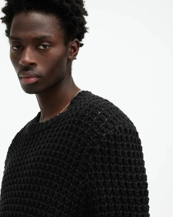 Illund Waffle Stitch Crew Neck Sweater Black Men AllSaints Sweaters