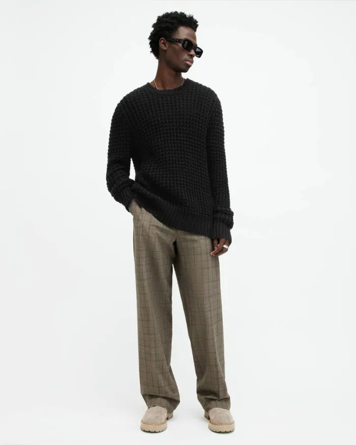 Illund Waffle Stitch Crew Neck Sweater Black Men AllSaints Sweaters