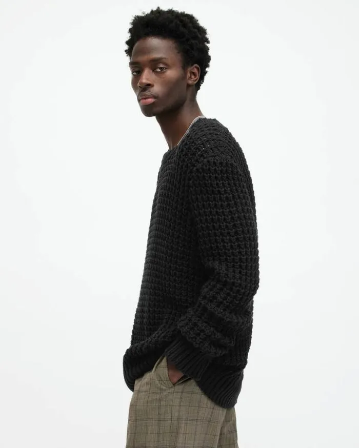 Illund Waffle Stitch Crew Neck Sweater Black Men AllSaints Sweaters