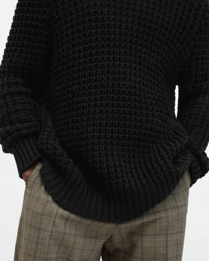 Illund Waffle Stitch Crew Neck Sweater Black Men AllSaints Sweaters