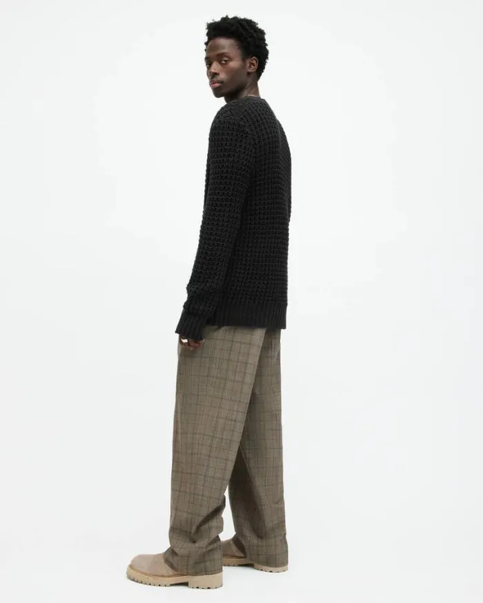 Illund Waffle Stitch Crew Neck Sweater Black Men AllSaints Sweaters