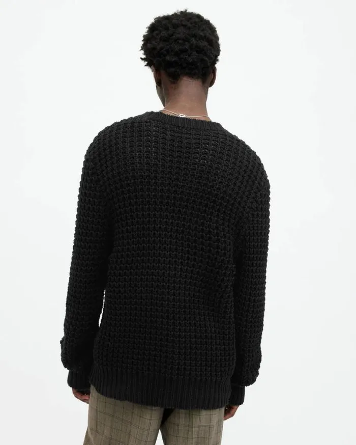 Illund Waffle Stitch Crew Neck Sweater Black Men AllSaints Sweaters