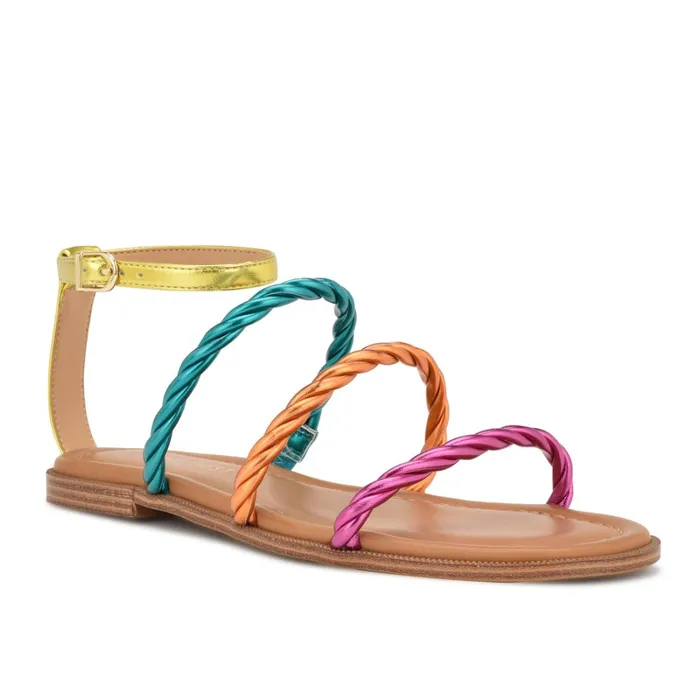 Ipster Ankle Strap Flat Sandals Pink Orange Multi Metallic Women Nine West Flats Ipster Ankle Strap Flat Sandals Pink Orange Multi Metallic Women Nine West Flats