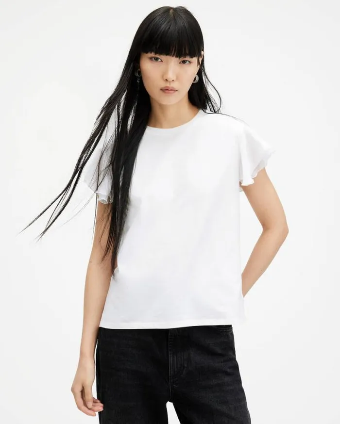 Isabel Frill Trim Short Sleeve TShirt Chalk White Women AllSaints TShirts