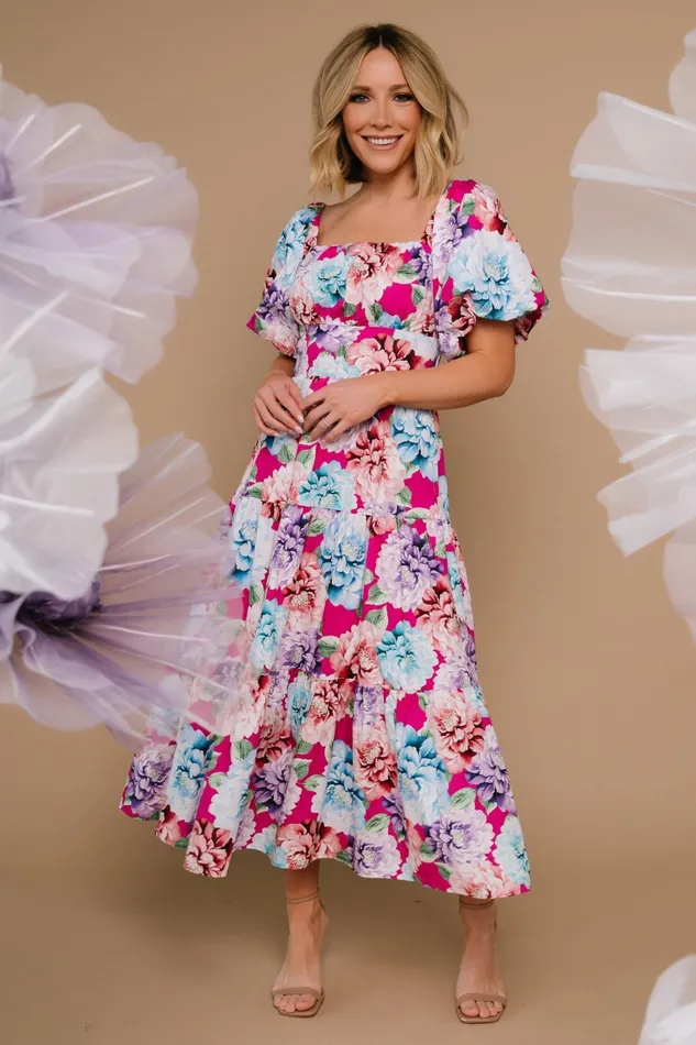 Iva Puff Sleeve Midi Dress Fuchsia Multi Floral Women Baltic Born Bump Friendly