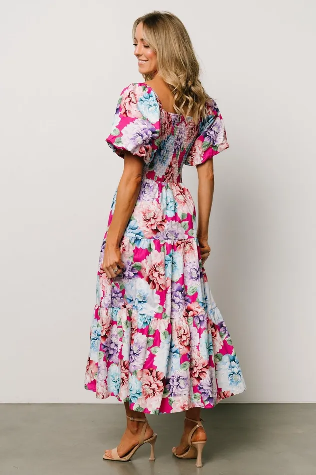 Iva Puff Sleeve Midi Dress Fuchsia Multi Floral Women Baltic Born Bump Friendly Iva Puff Sleeve Midi Dress Fuchsia Multi Floral Women Baltic Born Bump Friendly