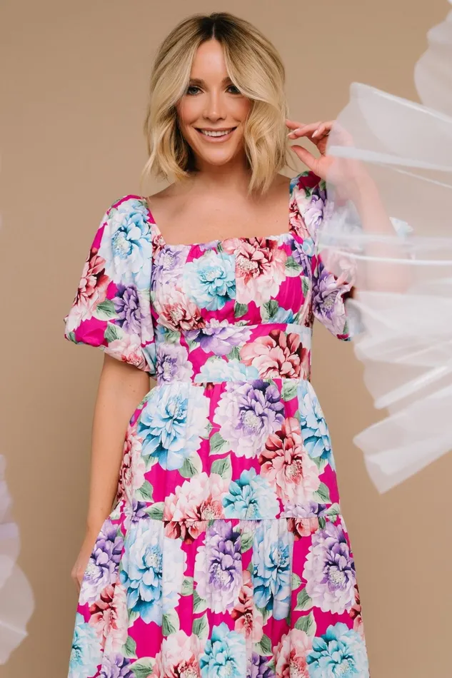 Iva Puff Sleeve Midi Dress Fuchsia Multi Floral Women Baltic Born Bump Friendly Iva Puff Sleeve Midi Dress Fuchsia Multi Floral Women Baltic Born Bump Friendly