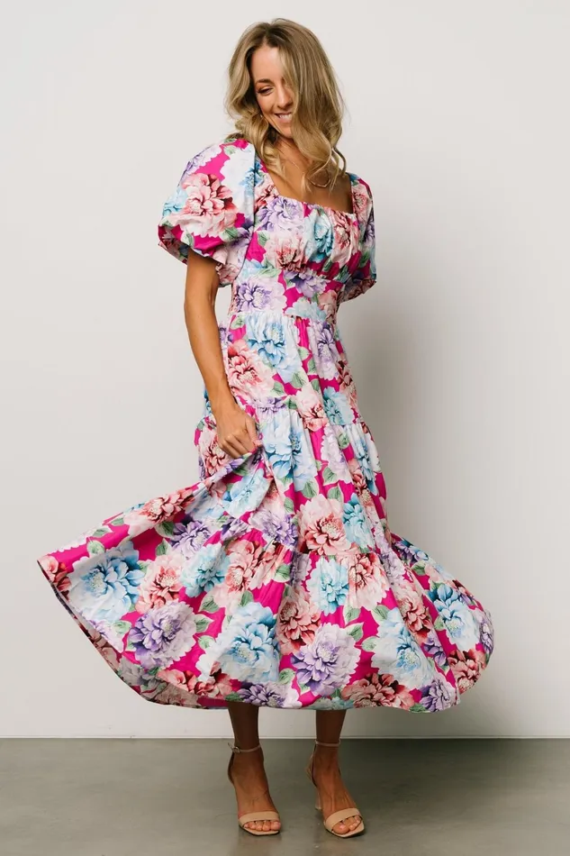 Iva Puff Sleeve Midi Dress Fuchsia Multi Floral Women Baltic Born Bump Friendly Iva Puff Sleeve Midi Dress Fuchsia Multi Floral Women Baltic Born Bump Friendly