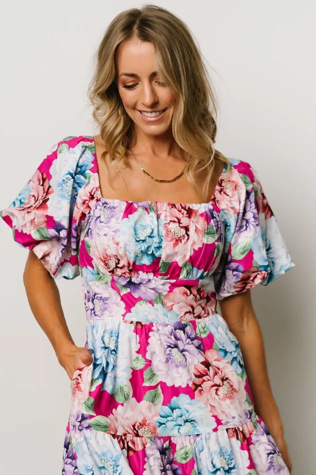 Iva Puff Sleeve Midi Dress Fuchsia Multi Floral Women Baltic Born Bump Friendly Iva Puff Sleeve Midi Dress Fuchsia Multi Floral Women Baltic Born Bump Friendly
