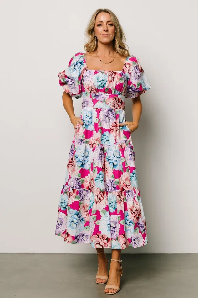 Iva Puff Sleeve Midi Dress Fuchsia Multi Floral Women Baltic Born Bump Friendly Iva Puff Sleeve Midi Dress Fuchsia Multi Floral Women Baltic Born Bump Friendly